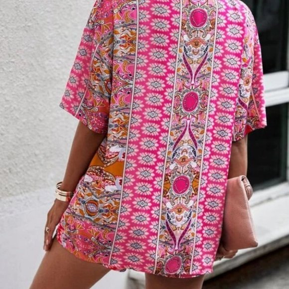 Boho Pink Paisley Open Front Kimono Top & Shorts Set - Picture 5 of 5